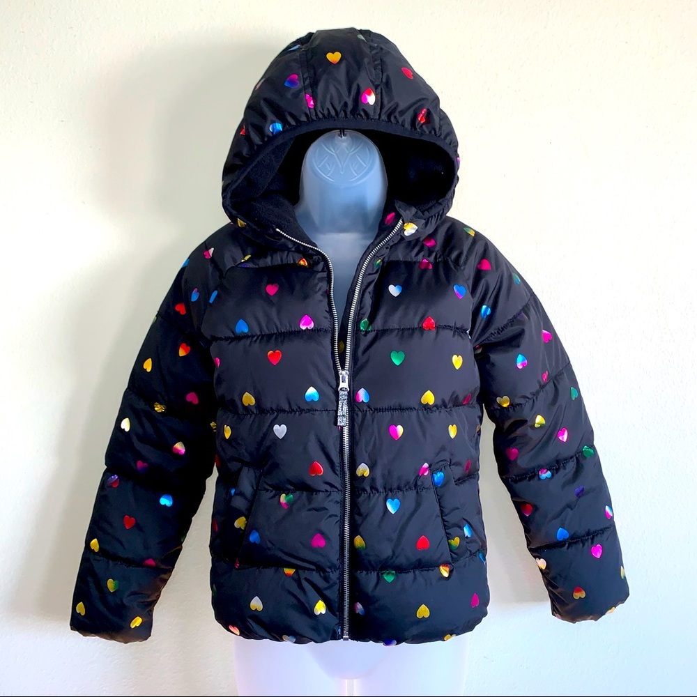 Old Navy Black Puffer Jacket w/ Metallic Hearts & Fleece Lining - Sz. L